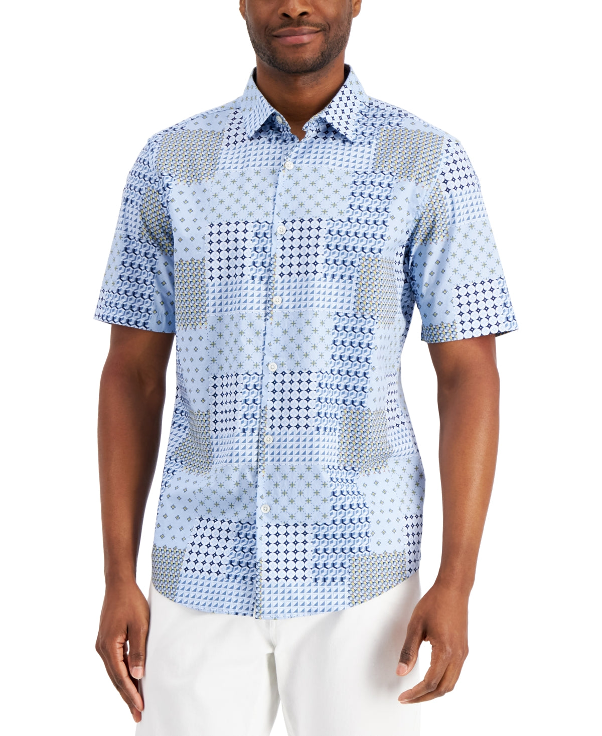 Alfani Men's Geometric Knit Back Short Sleeve Shirt Blue Size Small