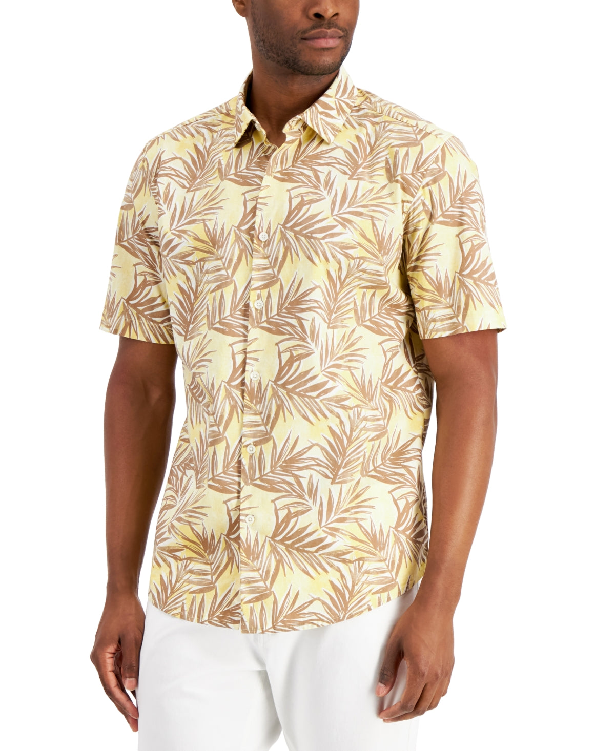 Alfani Men's Barello Leaf Knit Back Short Sleeve Shirt Yellow Size Small