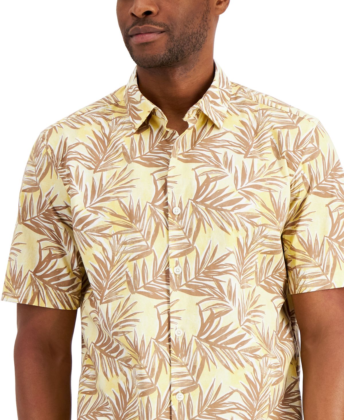 Alfani Men's Barello Leaf Knit Back Short Sleeve Shirt Yellow Size Medium