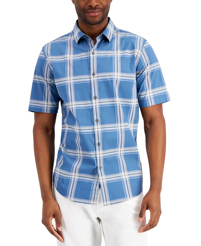 Alfani Men's Rolo Plaid PrinT-Shirt Blue Size Medium