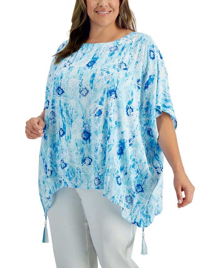 JM Collection Women's Printed Gauze Poncho Top Blue Size 0X