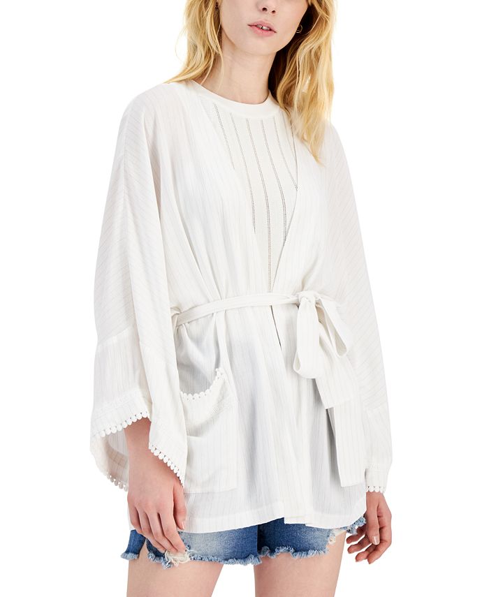 INC International Concepts Women's Metallic Crinkle Gauze Tie Waist Top White Size X-Large