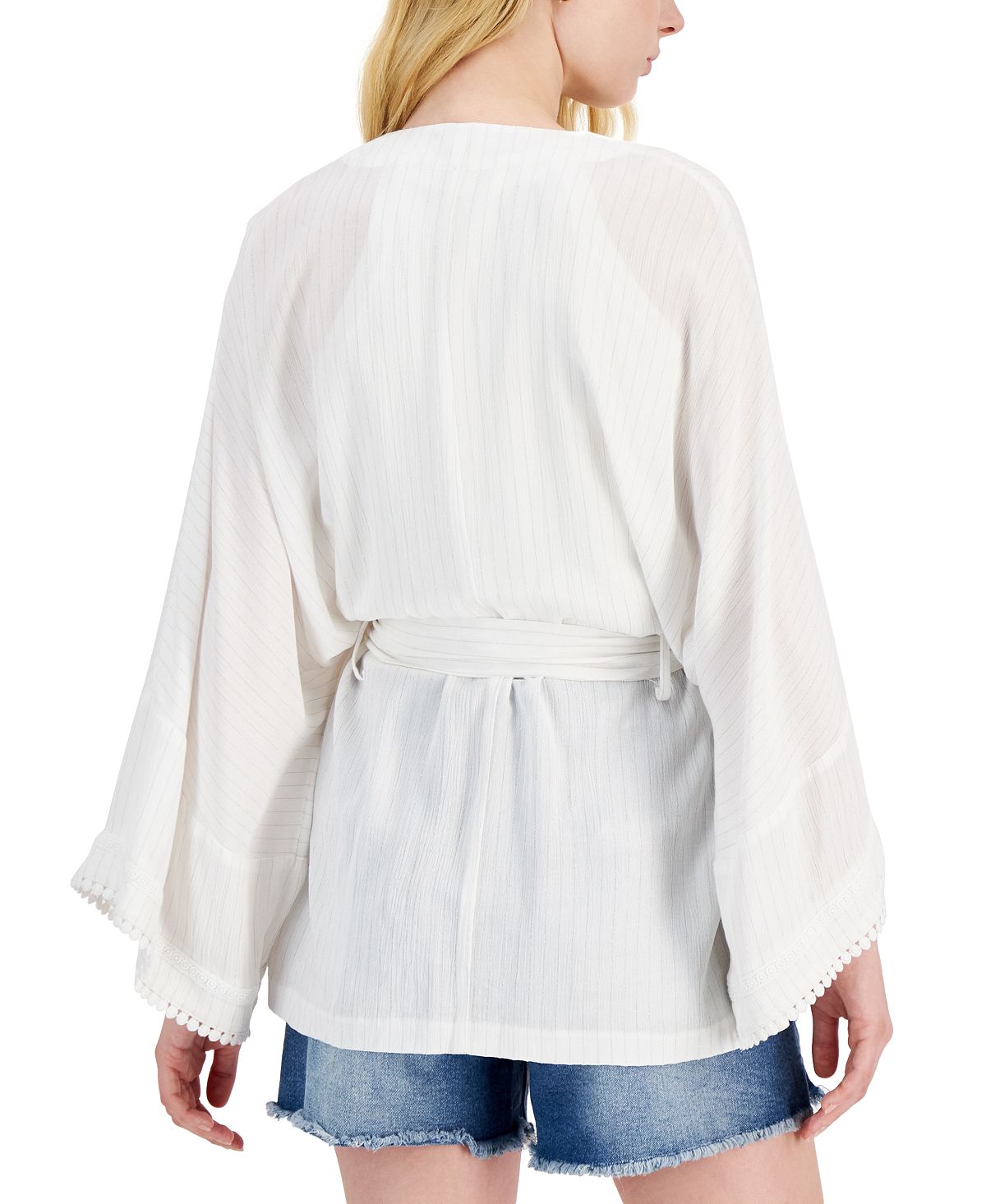 INC International Concepts Women's Metallic Crinkle Gauze Tie Waist Top White Size X-Large