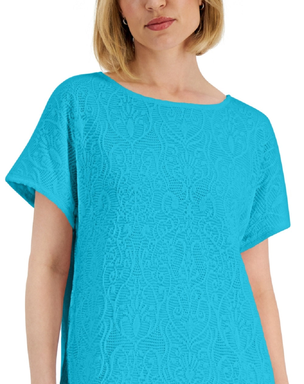 JM Collection Women's Crochet Asymmetrical Hem Top Blue Size Large
