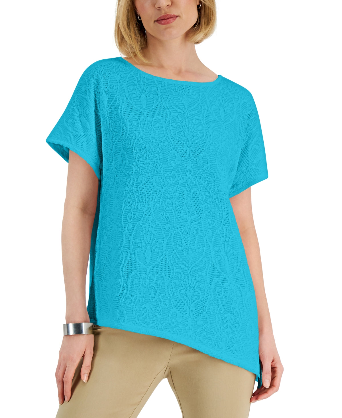 JM Collection Women's Crochet Asymmetrical Hem Top Blue Size Large