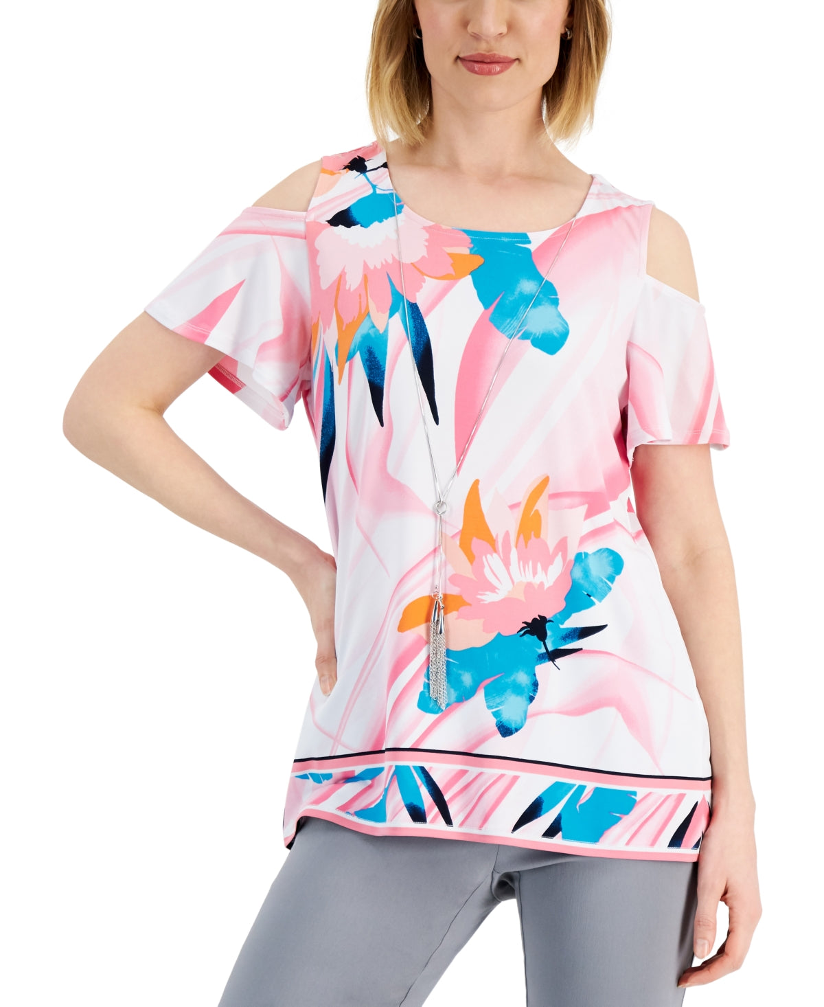 JM Collection Women's Printed Cold Shoulder Top Pink Size Small