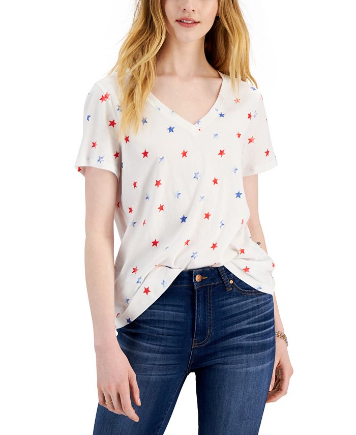 Style & Co Women's Star Print Cotton T-Shirt White Size Petite Small