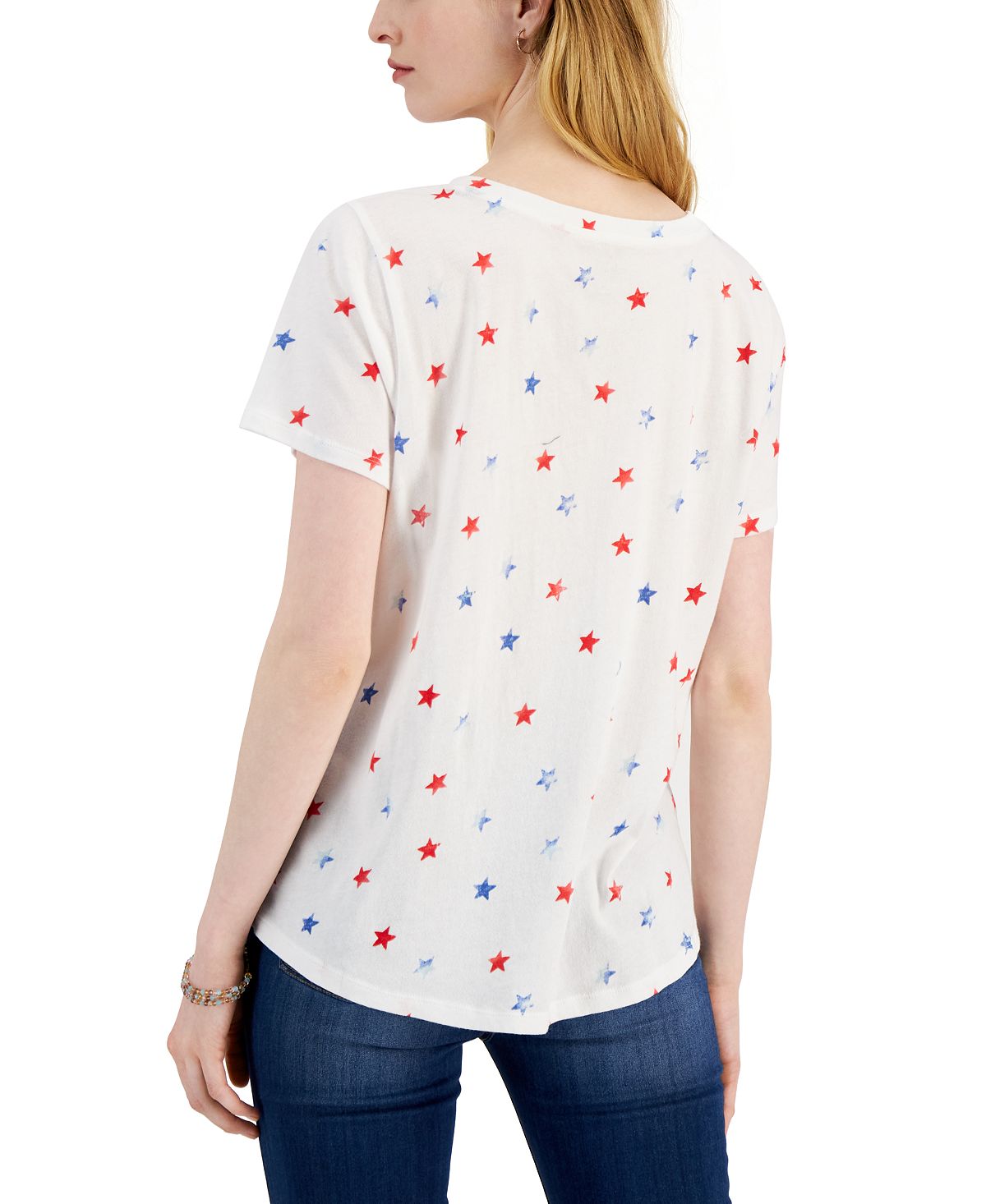 Style & Co Women's Star Print Cotton T-Shirt White Size Petite Small
