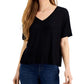 Style & Co Women's Drapey V Neck T-Shirt Black Size XX-Large