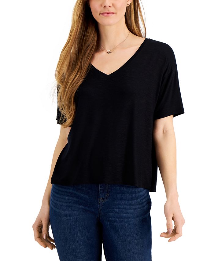 Style & Co Women's Drapey V Neck T-Shirt Black Size XX-Large