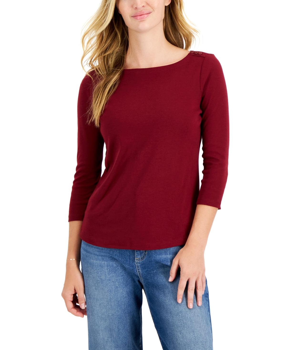 Charter Club Women's Pima Cotton Button Shoulder Top Red Size Petite Medium