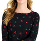 Charter Club Women's Cotton Floral Print Boat Neck Top Black Size Petite X-Small