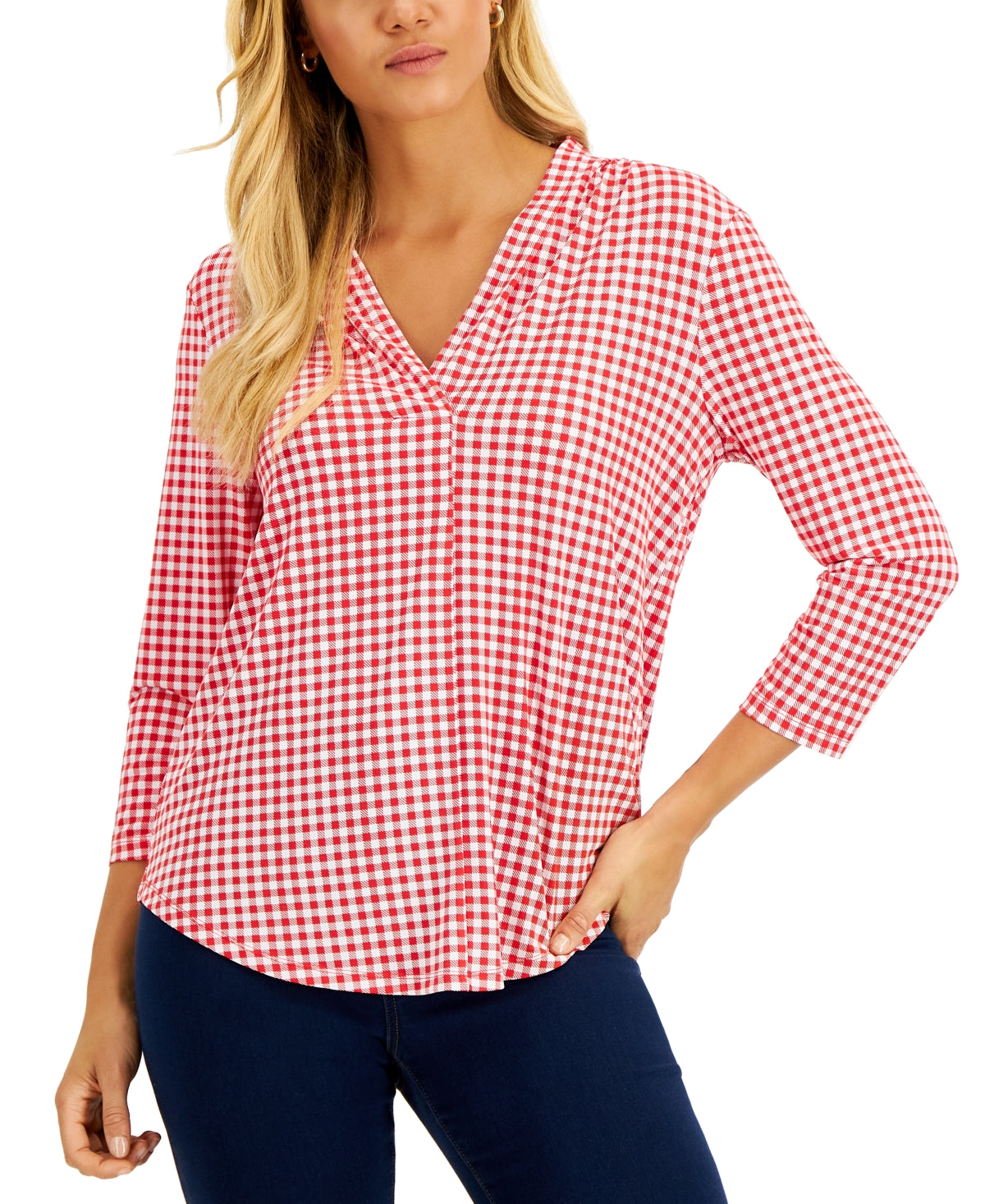 Charter Club Women's V Neck 3/4 Sleeve Top Red Size Petite X-Small