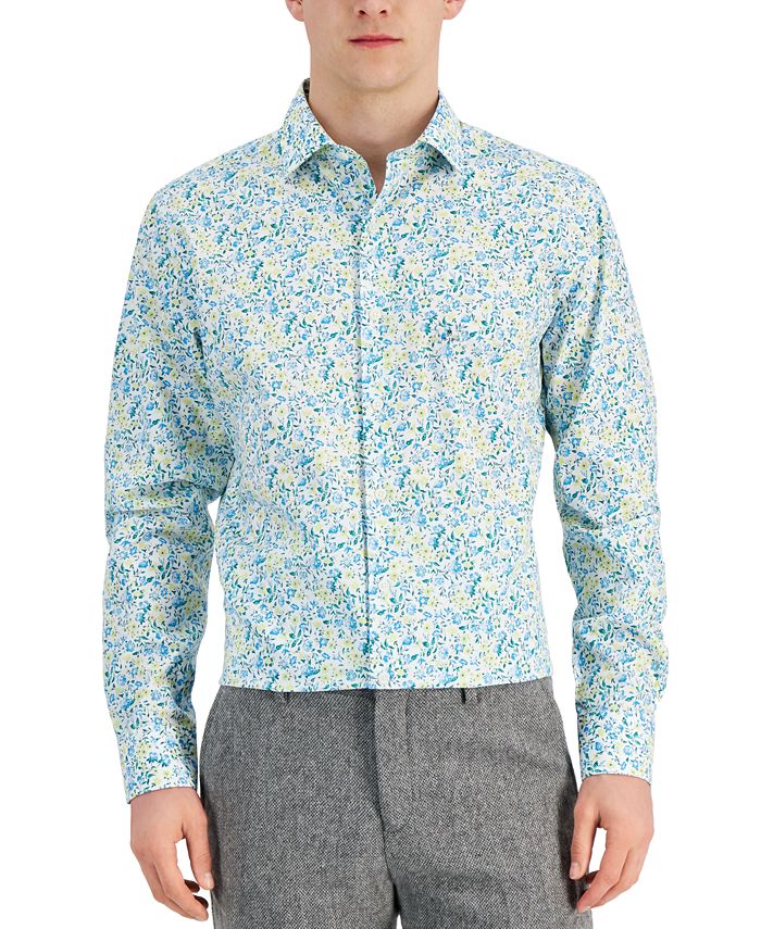 Bar III Men's Slim Fit Calma Floral Dress Shirt Blue Size Medium