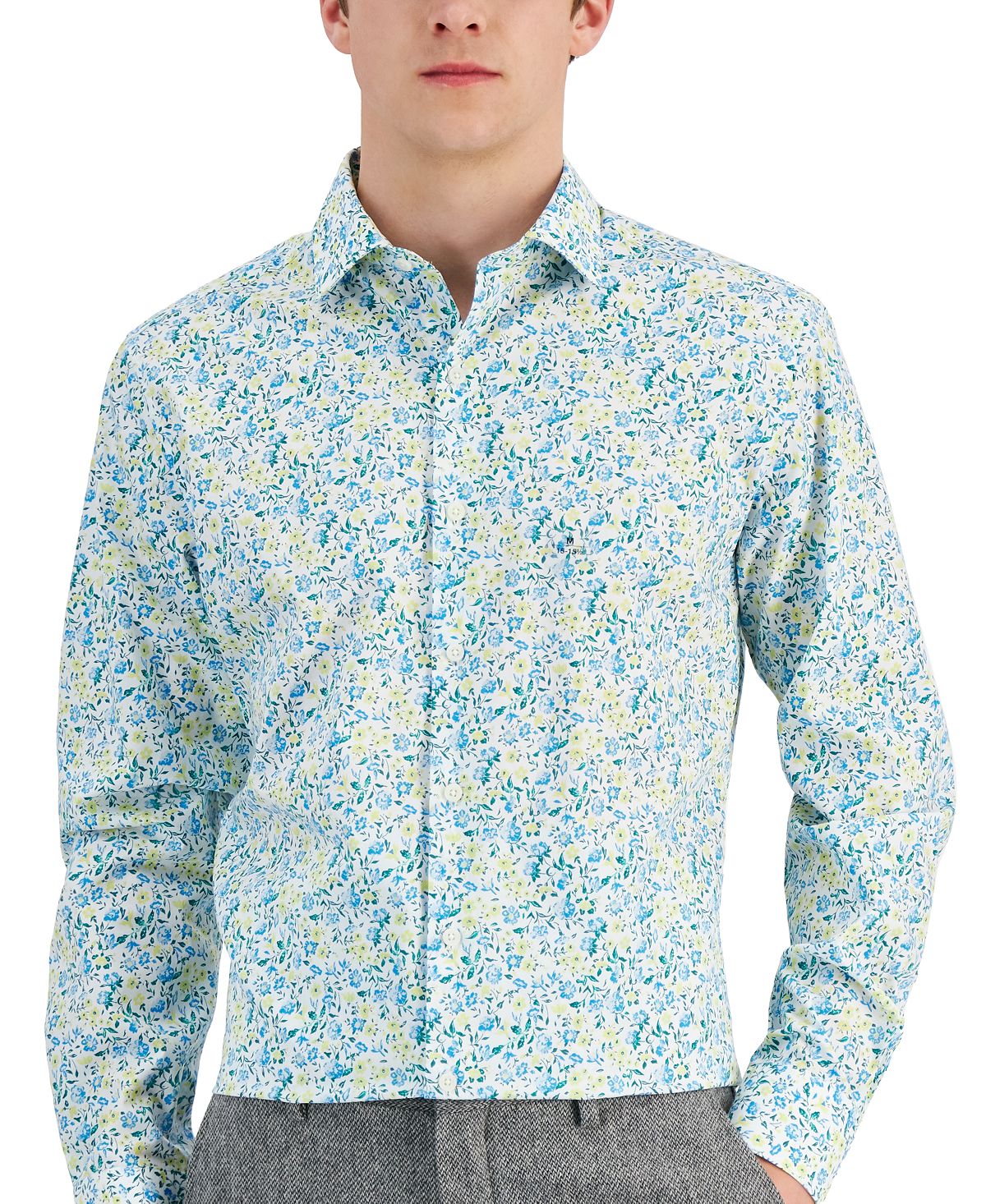 Bar III Men's Slim Fit Calma Floral Dress Shirt Blue Size Medium