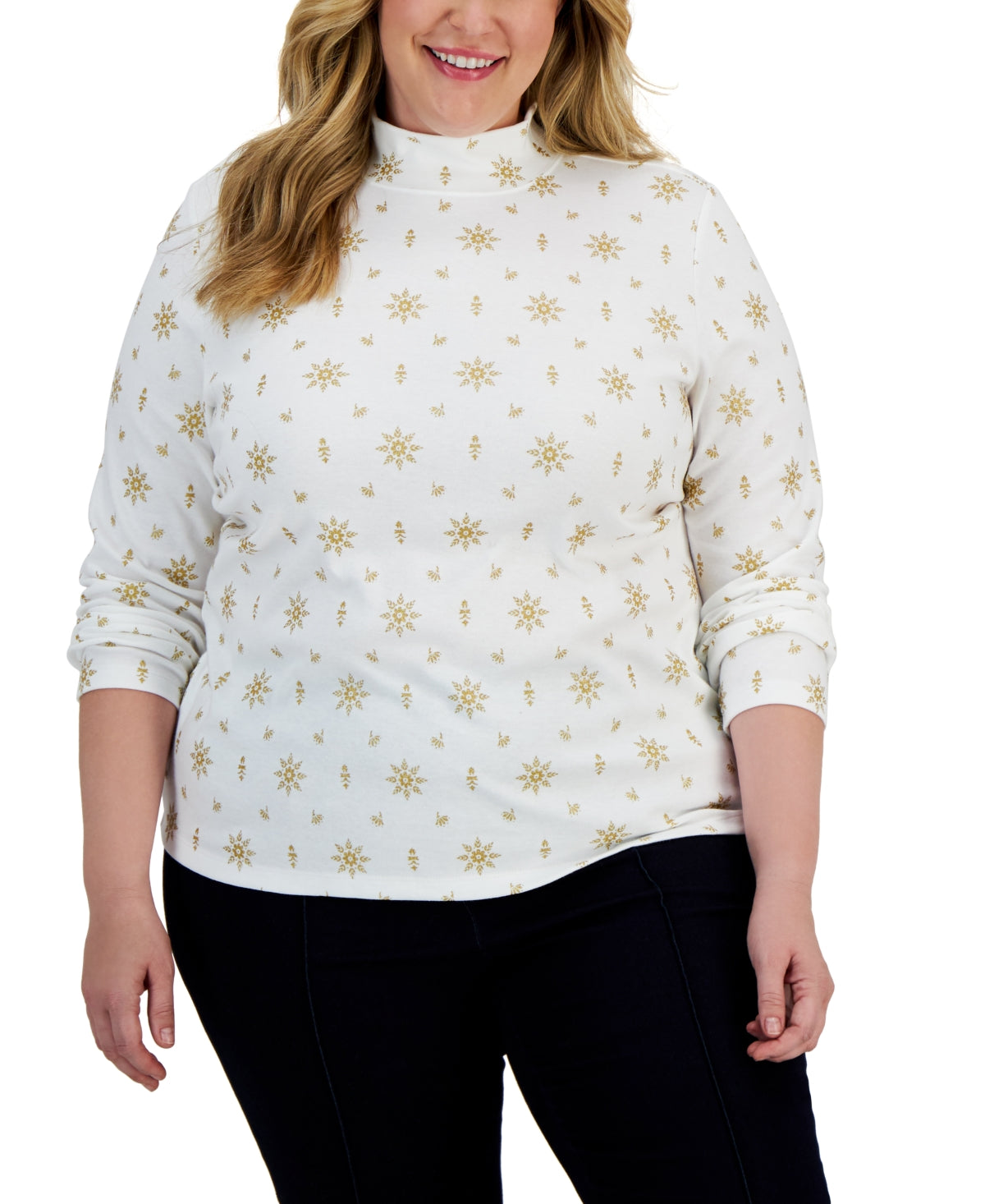 Karen Scott Women's Holiday Printed Mock Neck Top White Size 2X