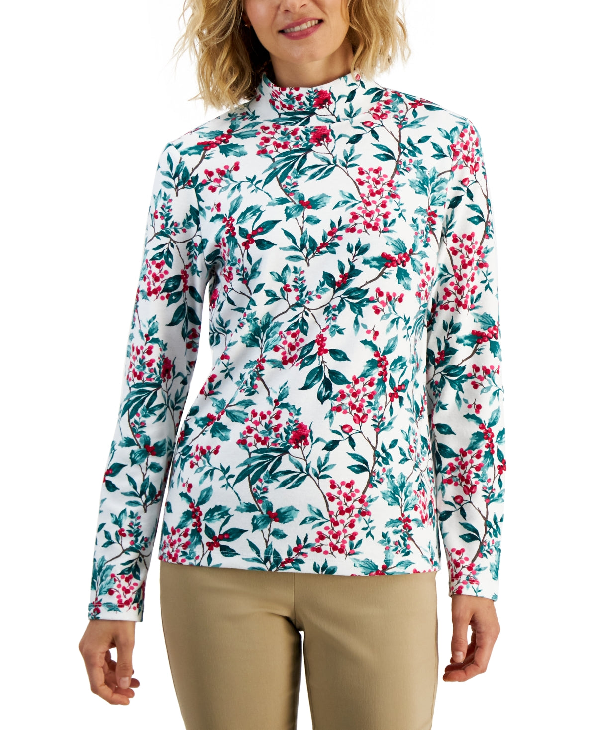 Karen Scott Women's Mock Neck Printed Top White Size Petite Small