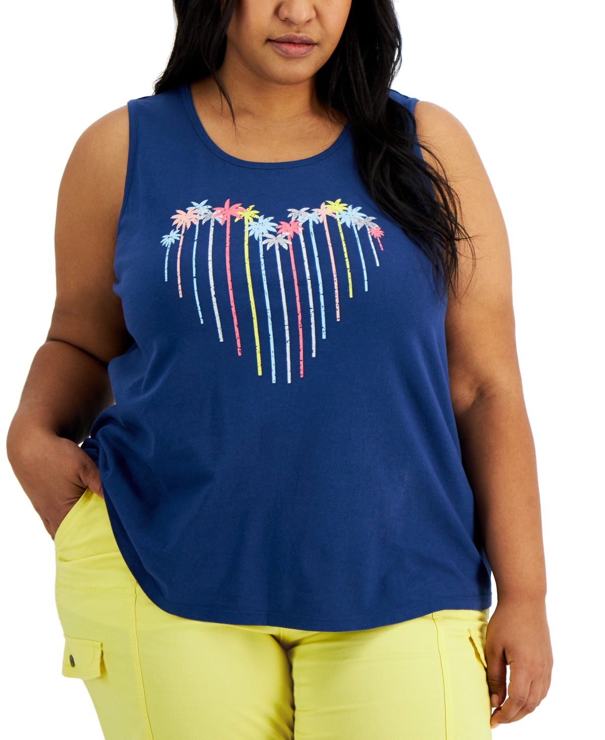 Style & Co Women's Cotton Palm Heart Printed Tank Blue Size 3X