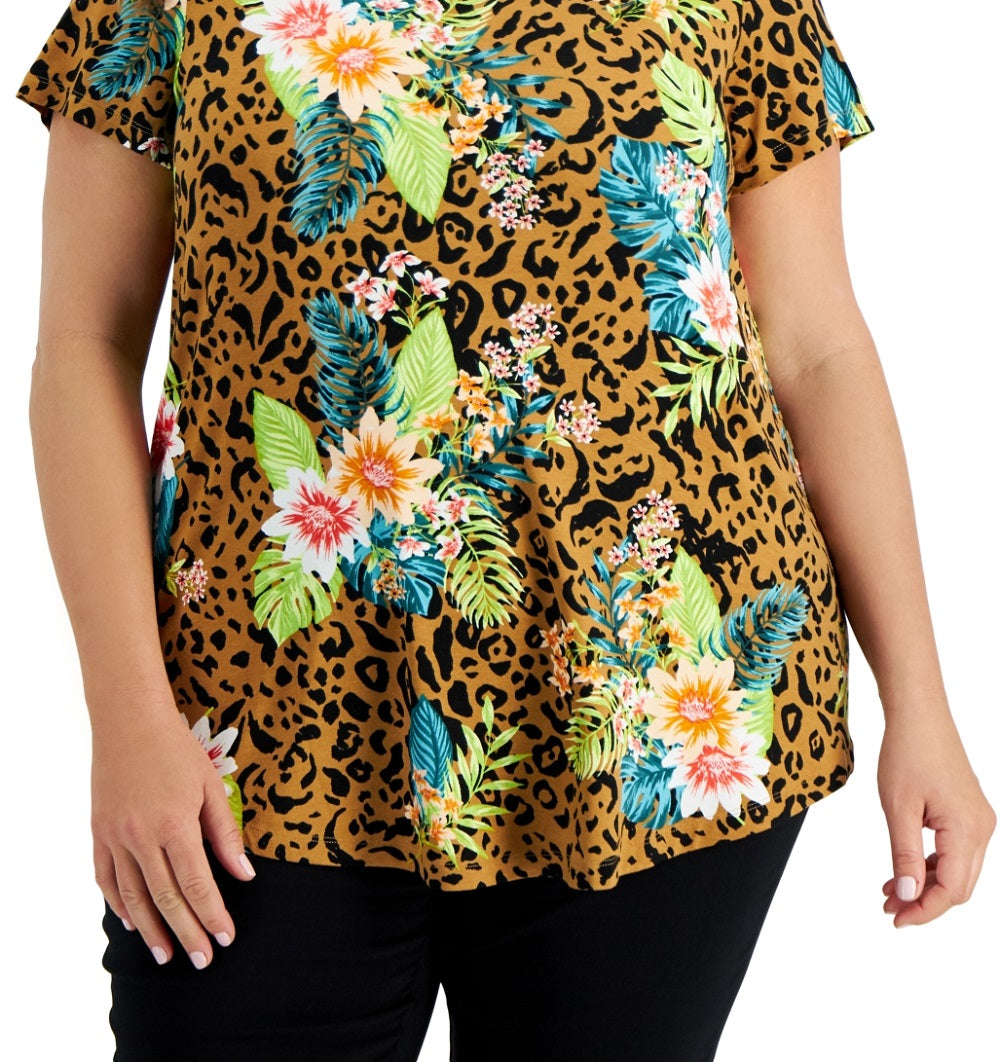 JM Collection Women's Tropical Wilderness Top Brown Size 0X