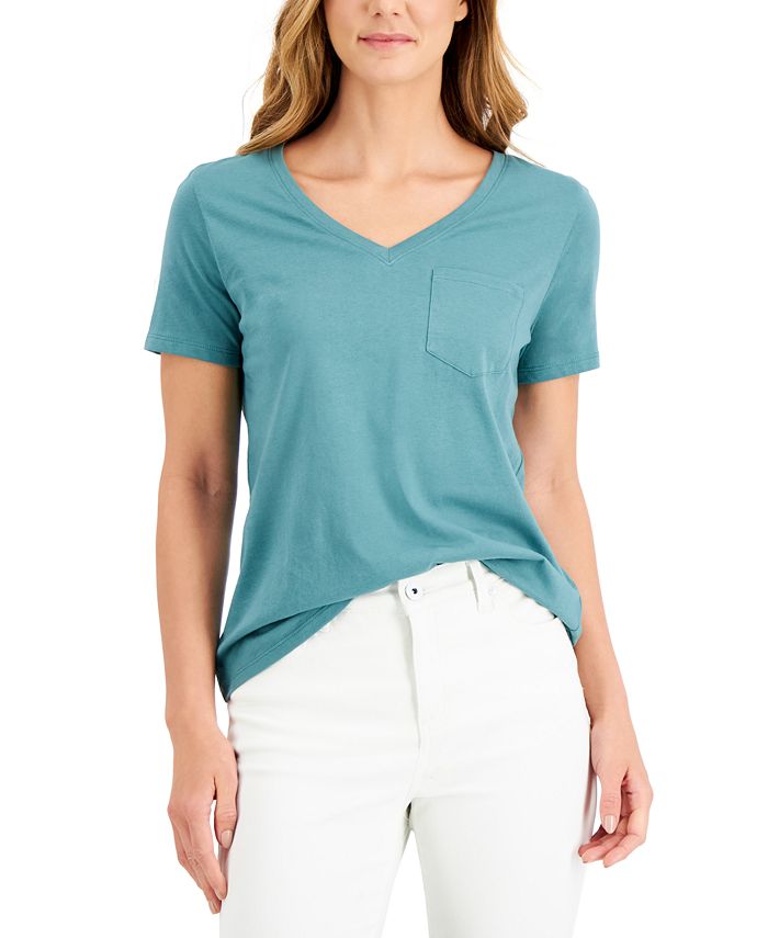 Style & Co Women's Cotton V Neck T-Shirt Green Size Petite Small