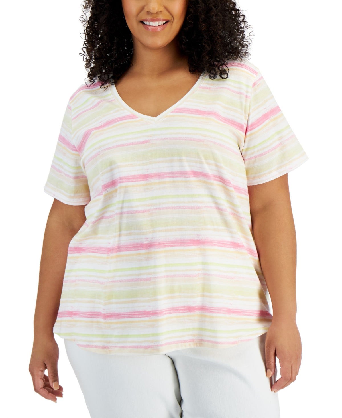 Style & Co Women's Plus Cotton Striped Tee Pink Size 0X