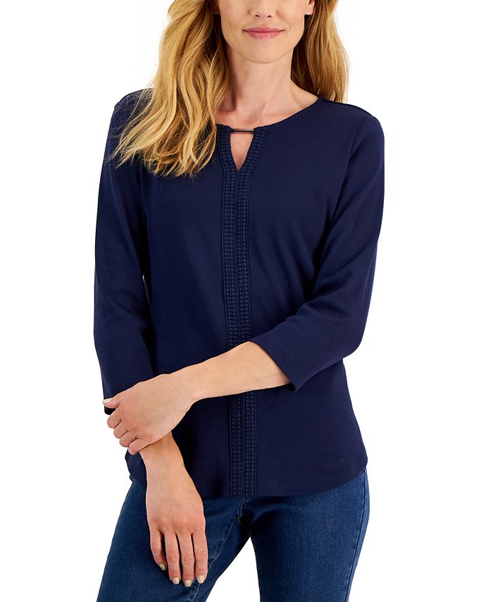 Karen Scott Women's 3/4 Sleeve Crochet Detail Top Blue Size X-Large