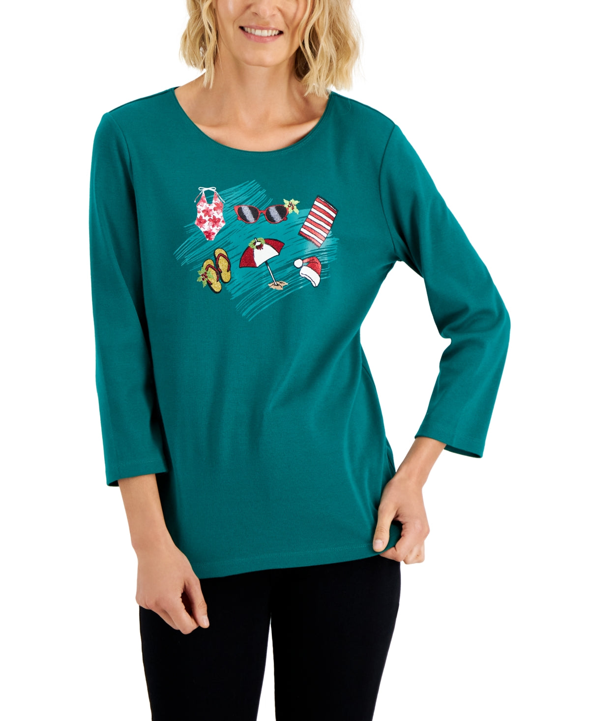 Karen Scott Women's Holiday Beach Top Green Size Large
