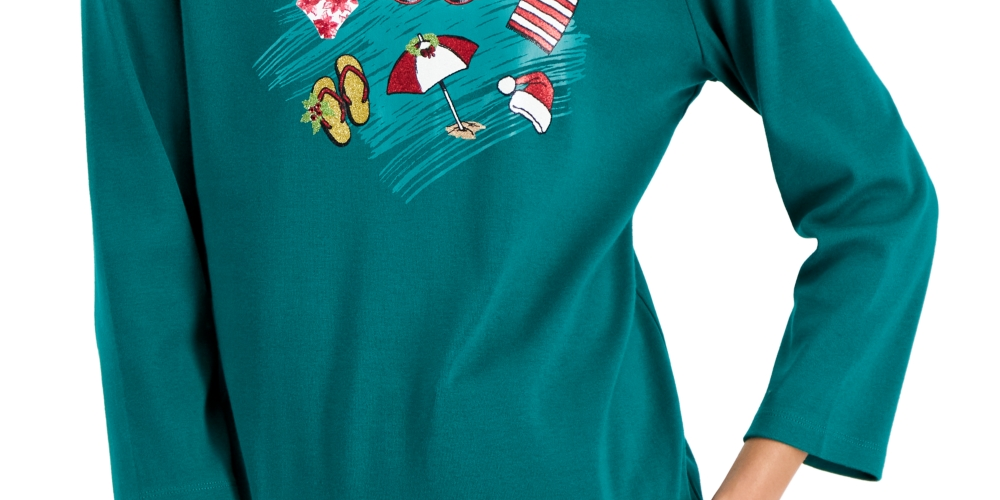 Karen Scott Women's Holiday Beach Top Green Size Large