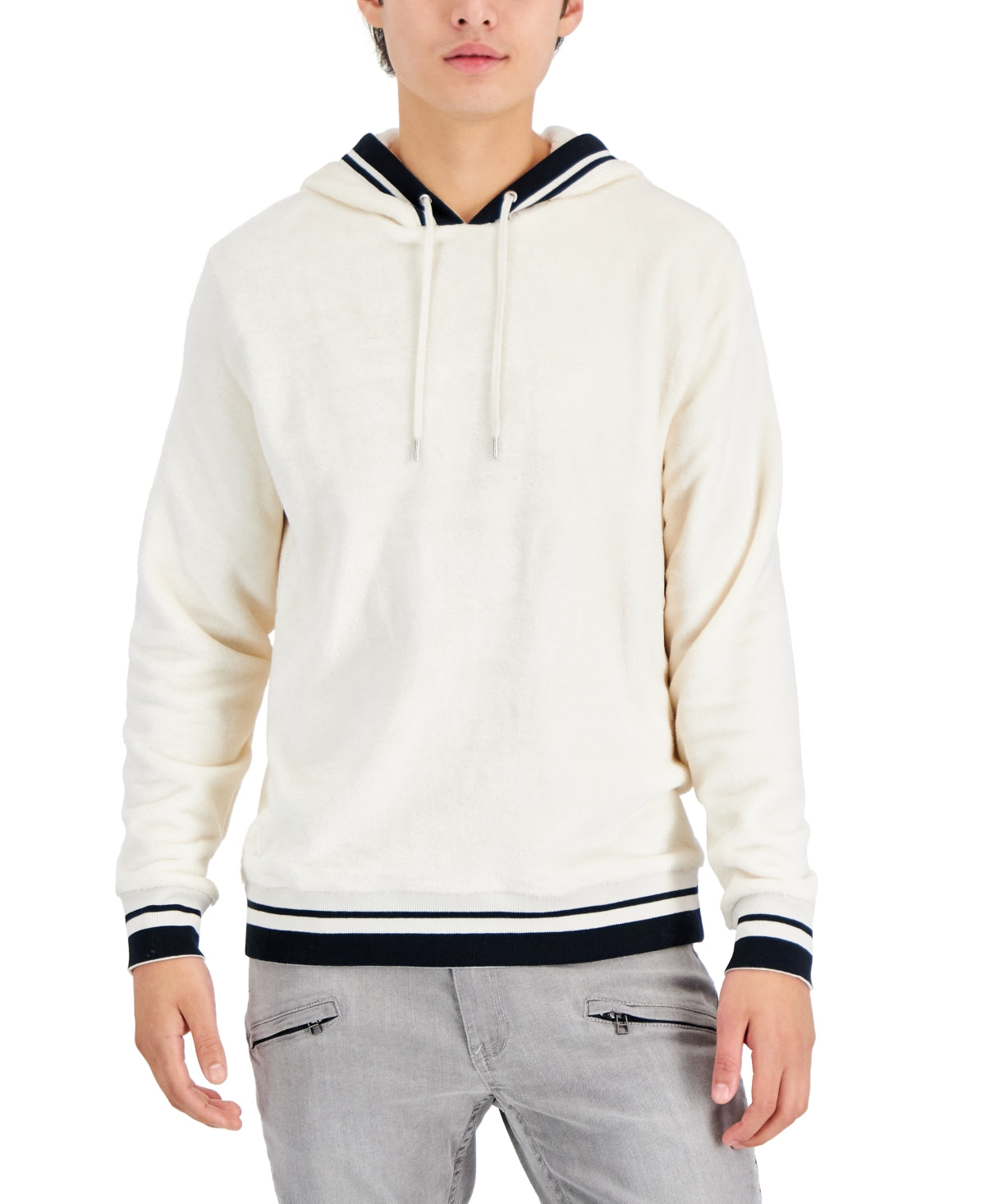 INC International Concepts Men's Regular Fit Ribbed Velour Hoodie White Size Small