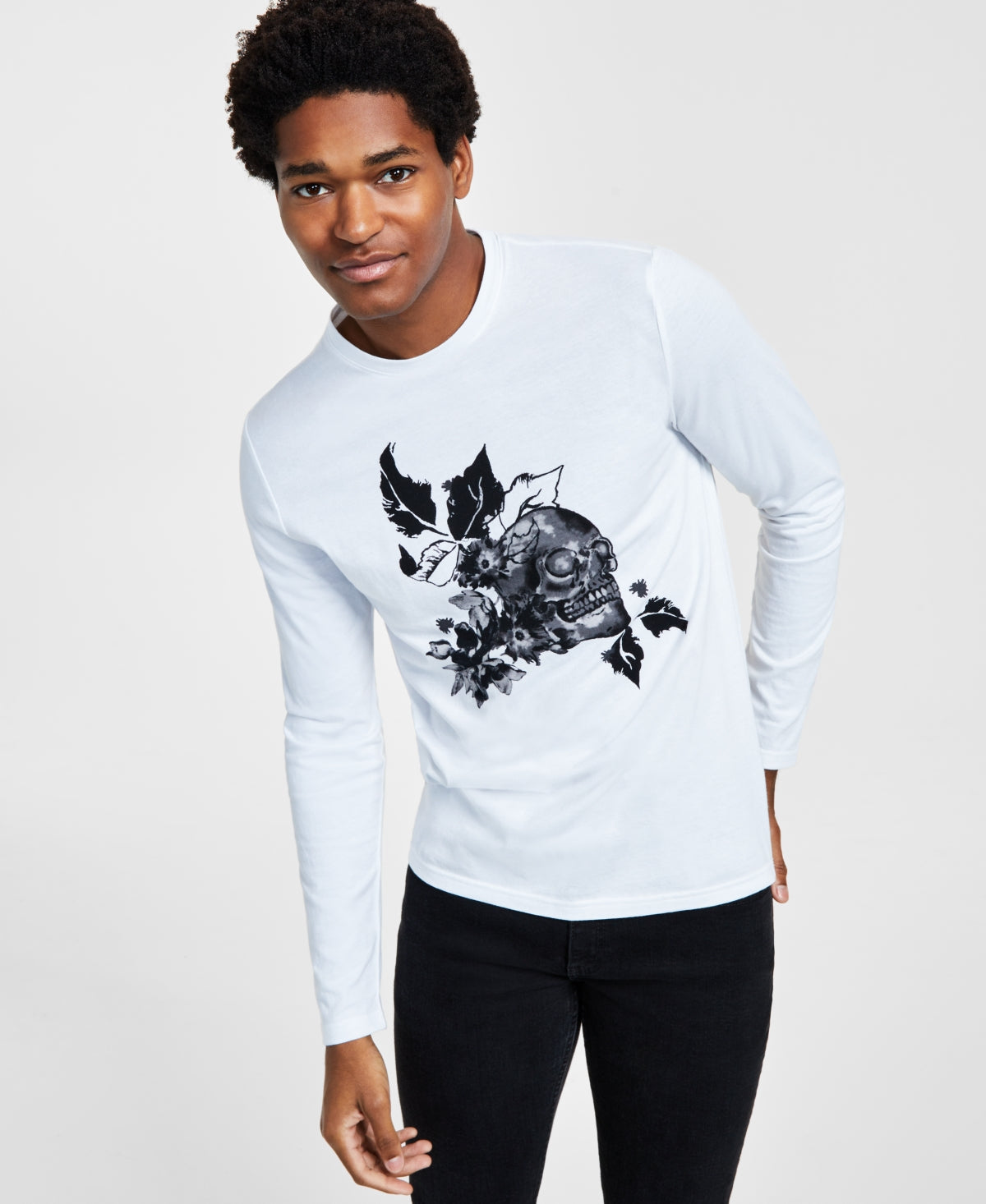 INC International Concepts Men's Devon Classic Fit Floral Skull Graphic Long Sleeve T Shirt White Size Large