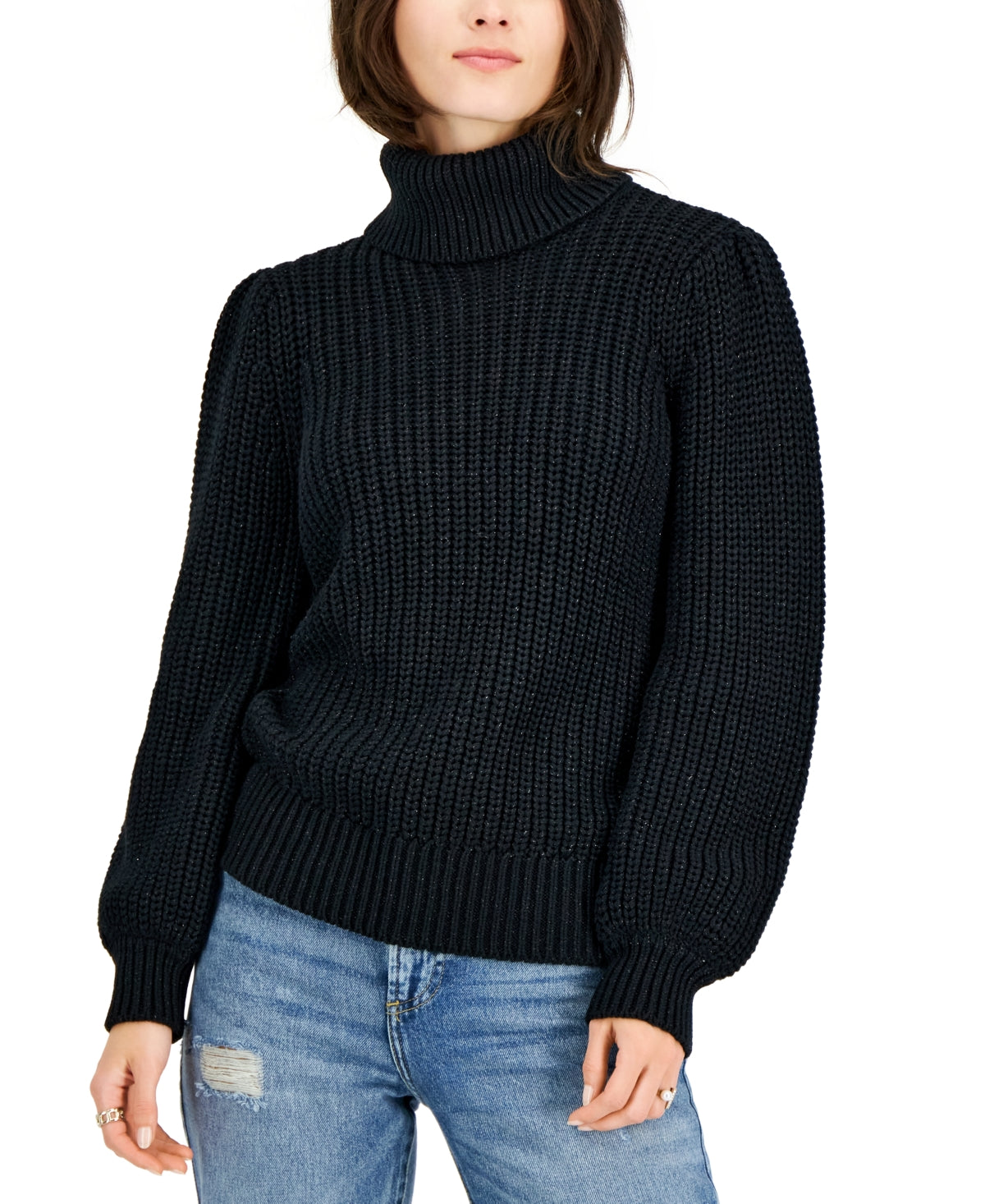INC International Concepts Women's Metallic Flecked Turtleneck Sweater Black Size Medium