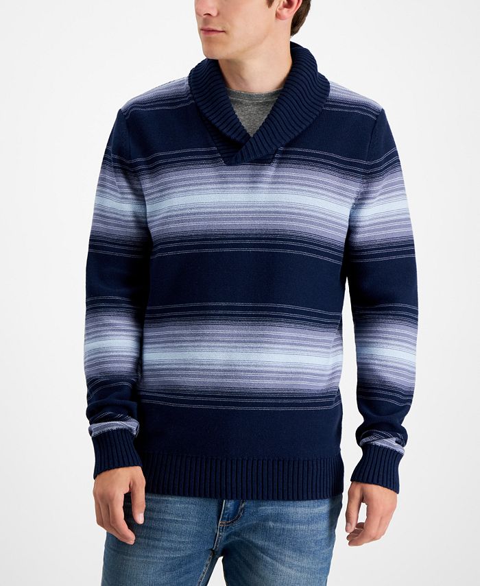 Sun + Stone Men's Deacon Horizontal Striped Shawl Sweater Blue Size Medium