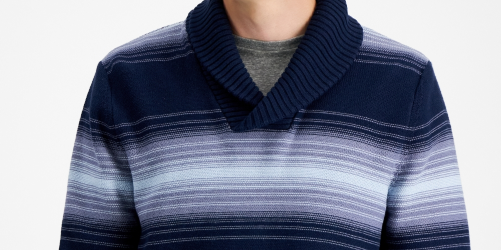 Sun + Stone Men's Deacon Horizontal Striped Shawl Sweater Blue Size Medium