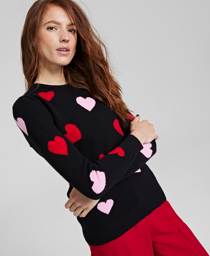 Charter Club Women's 100% Cashmere Heart Print Sweater Black Size X-Large