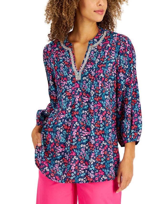 Charter Club Women's Garden Print Linen Tunic Blue Size X-Large