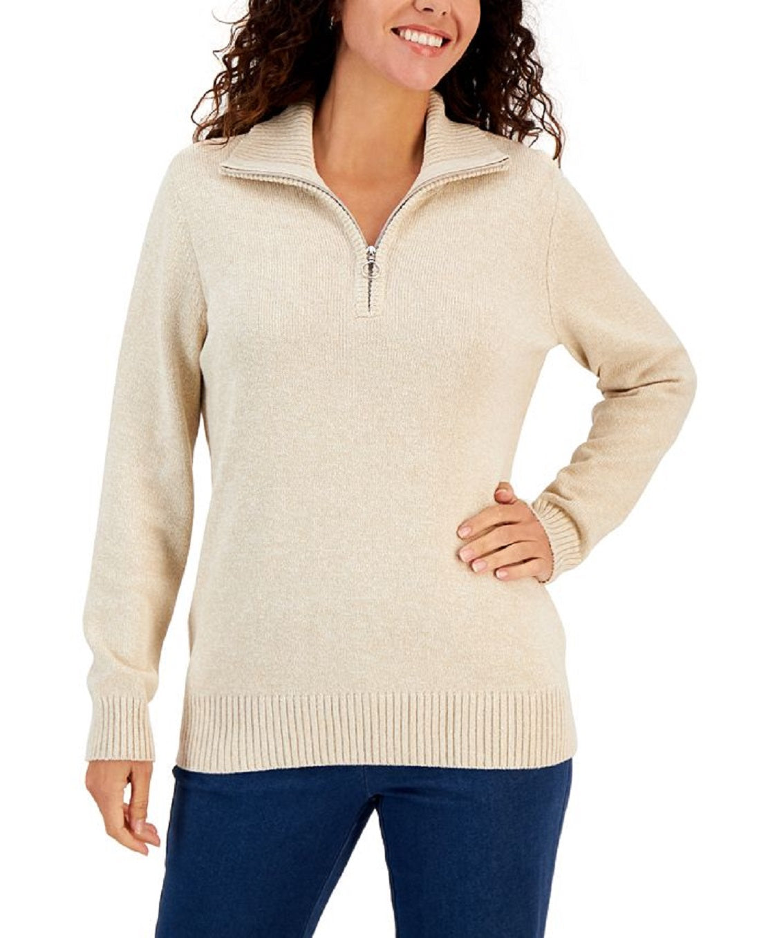 Karen Scott Women's Cotton Marl Zip Sweater Brown Size Medium