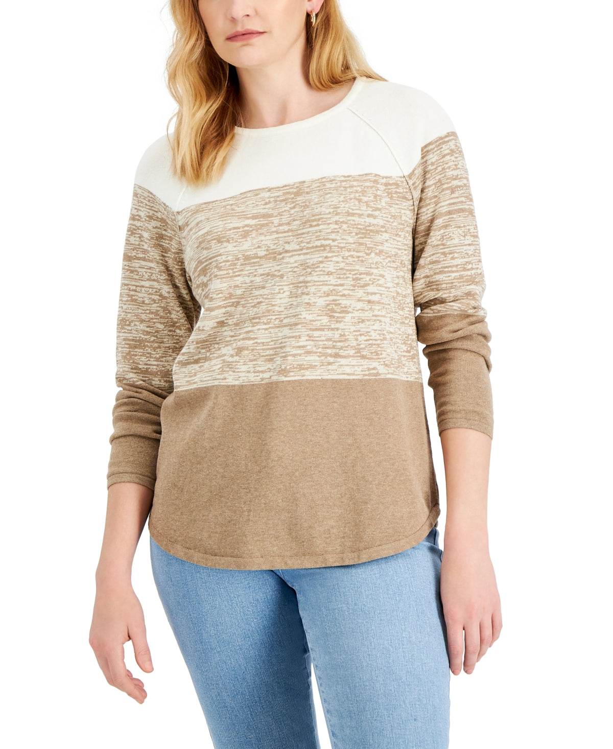 Karen Scott Women's Cotton Colorblocked Sweater Brown Size Medium
