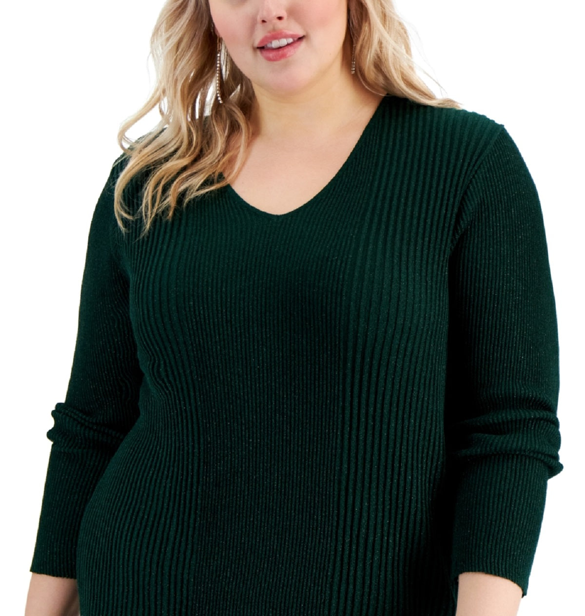 Alfani Women's Ribbed Shine V Neck Sweater Green Size 3X