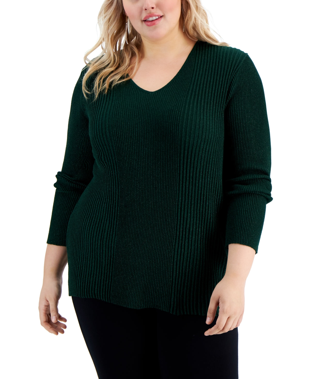 Alfani Women's Ribbed Shine V Neck Sweater Green Size 3X