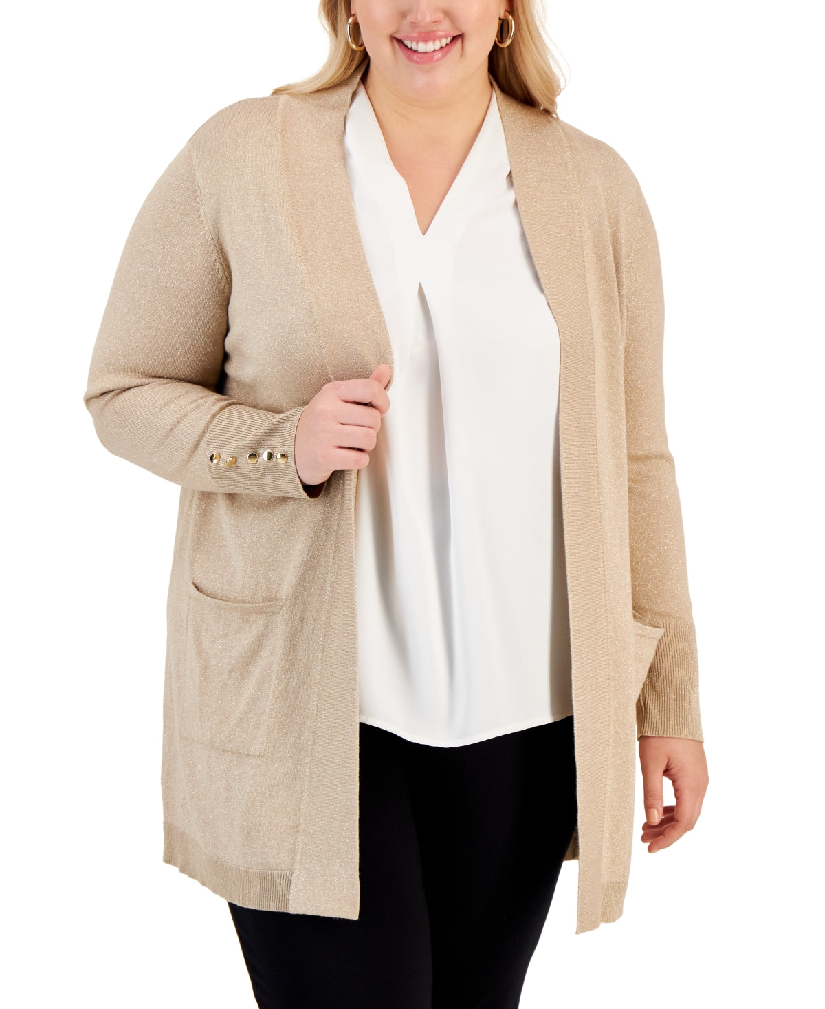 JM Collection Women's Button Sleeve Lurex Cardigan Yellow Size 3X