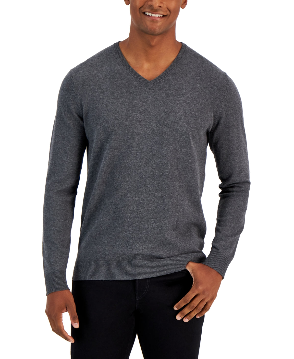 Alfani Men's Solid V Neck Cotton Sweater Gray Size Medium