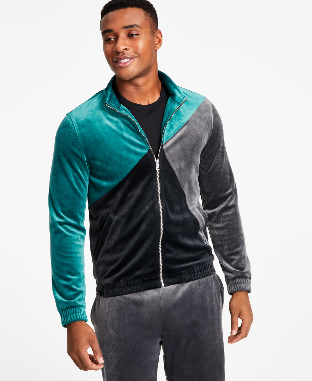 INC International Concepts Men's Regular Fit Pieced Colorblocked Velour Jacket Green Size Small
