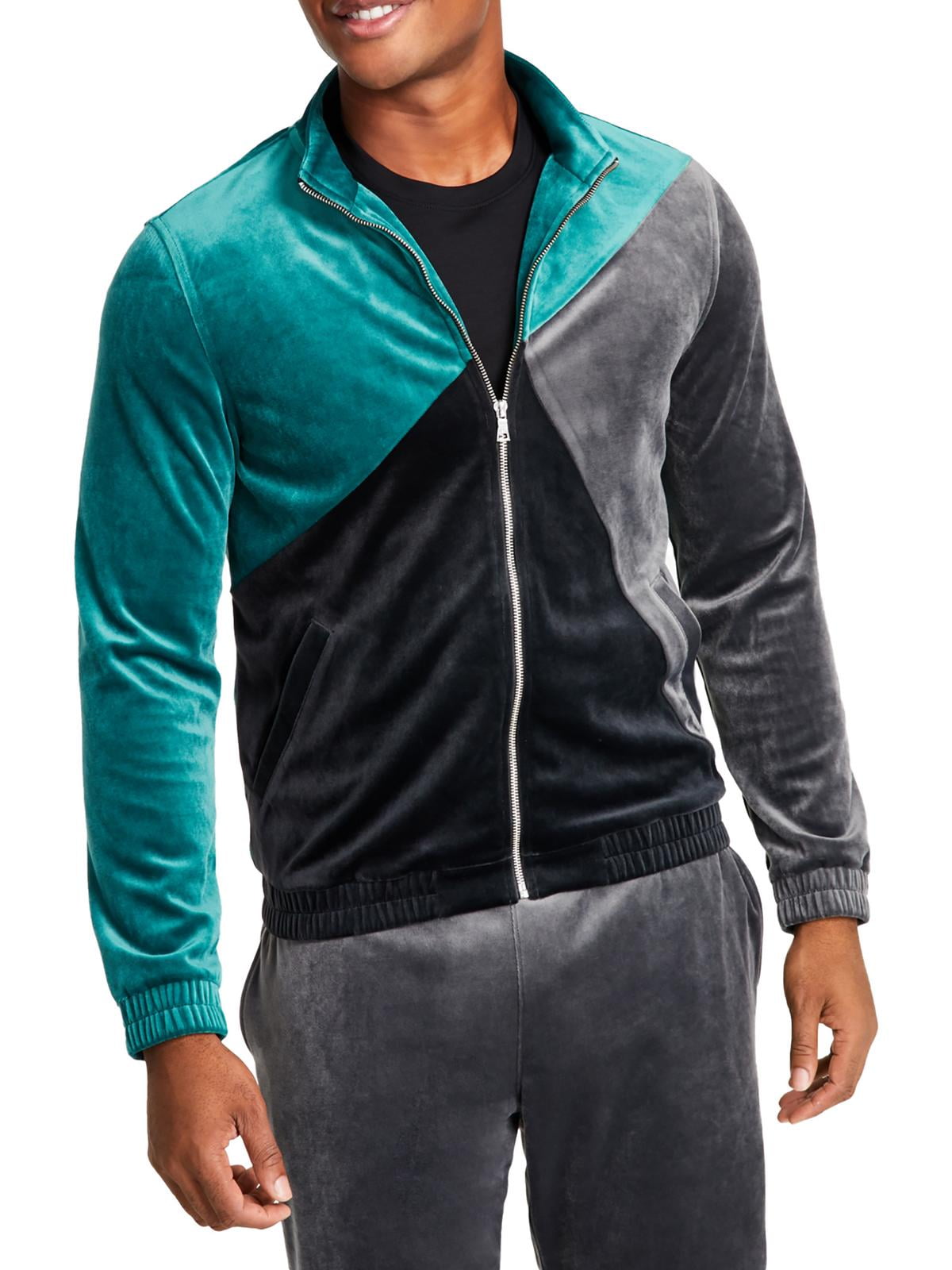 INC International Concepts Men's Regular Fit Pieced Colorblocked Velour Jacket Green Size Large