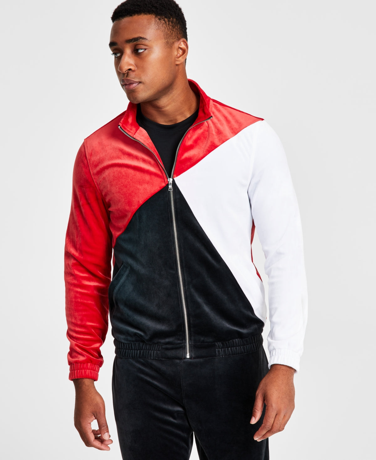 INC International Concepts Men's Regular Fit Pieced Colorblocked Velour Jacket Red Size Medium