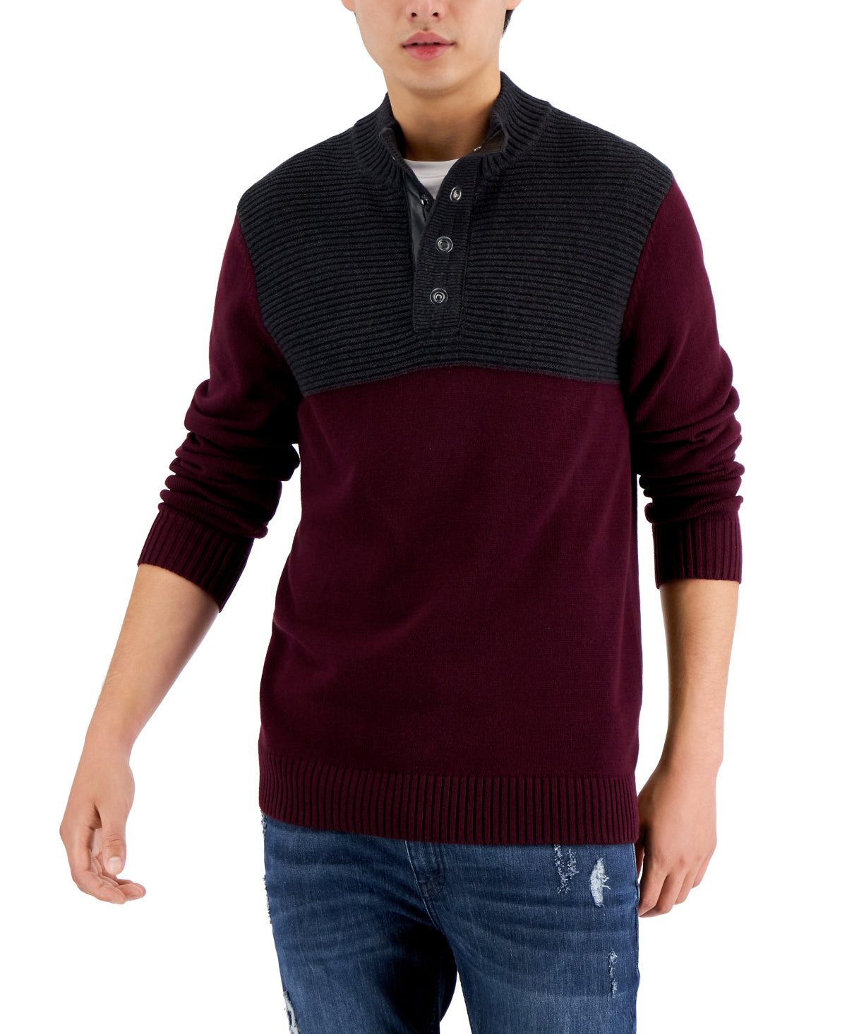 INC International Concepts Men's Colorblocked Mock Neck Sweater Red Size Medium