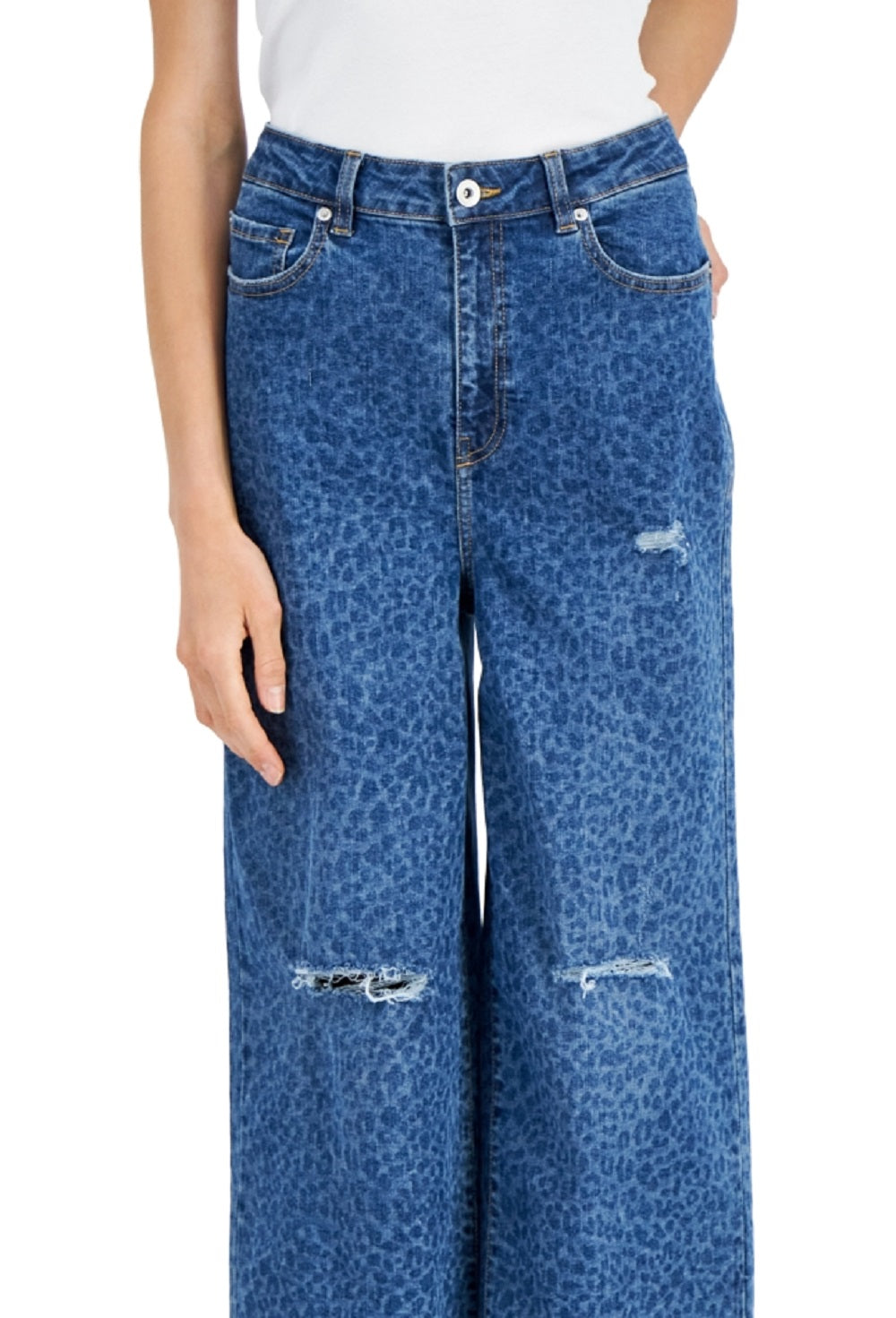 INC International Concepts Women's Animal Print Destructed Wide Leg Jeans Blue Size 4