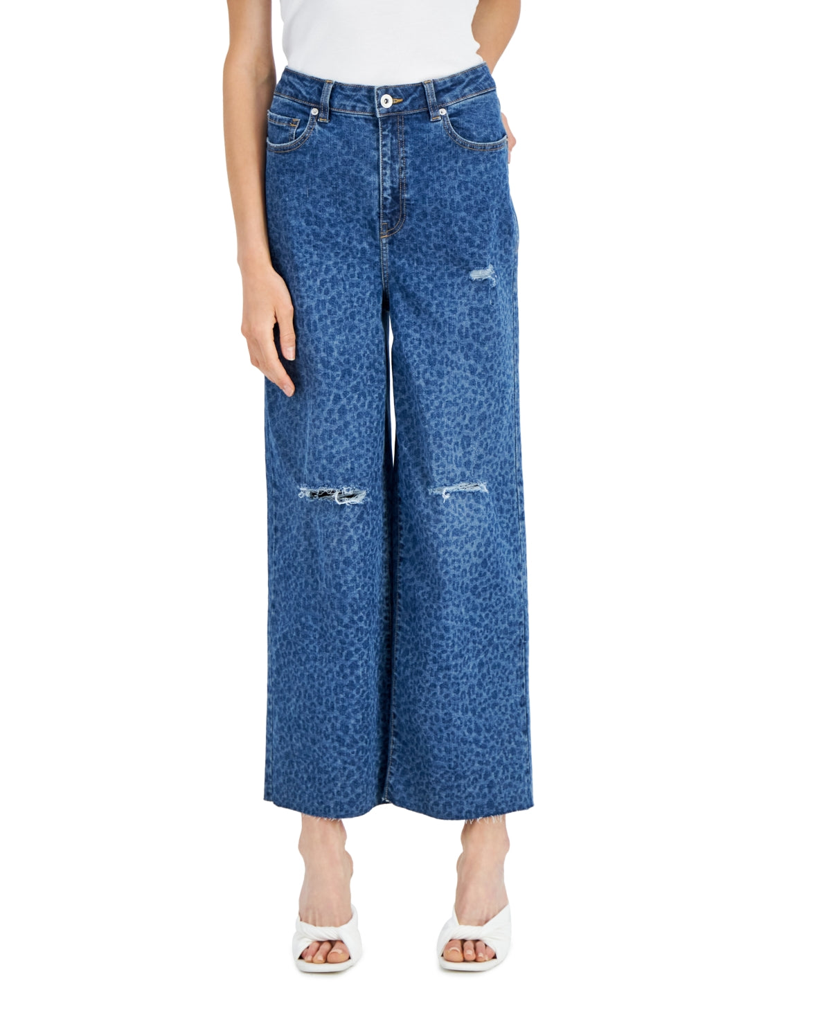 INC International Concepts Women's Animal Print Destructed Wide Leg Jeans Blue Size 4