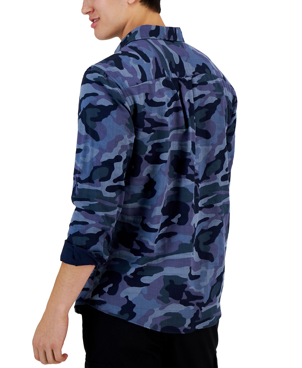Alfani Men's Camo Print Button Front Long-Sleeve Pocket Shirt Blue Size Medium