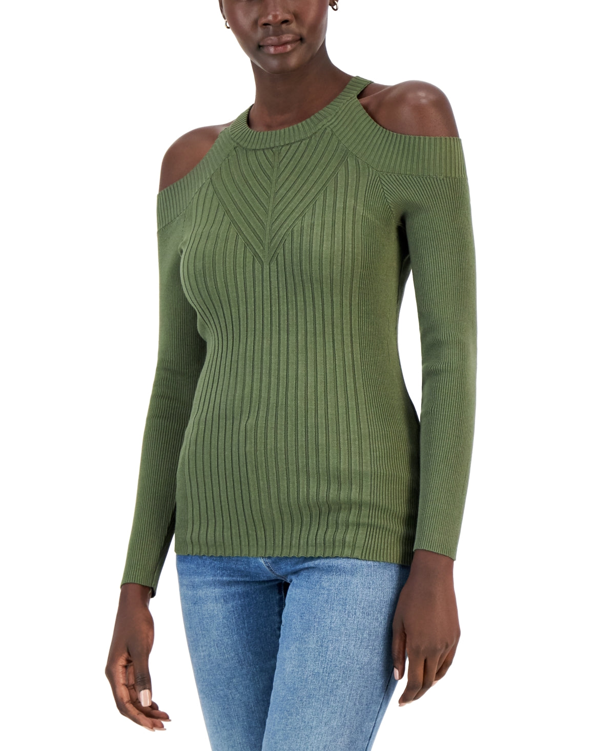 INC International Concepts Women's Ribbed Cold Shoulder Sweater Green Size X-Small