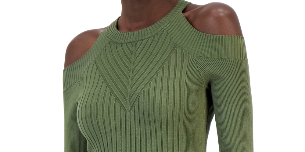 INC International Concepts Women's Ribbed Cold Shoulder Sweater Green Size X-Small